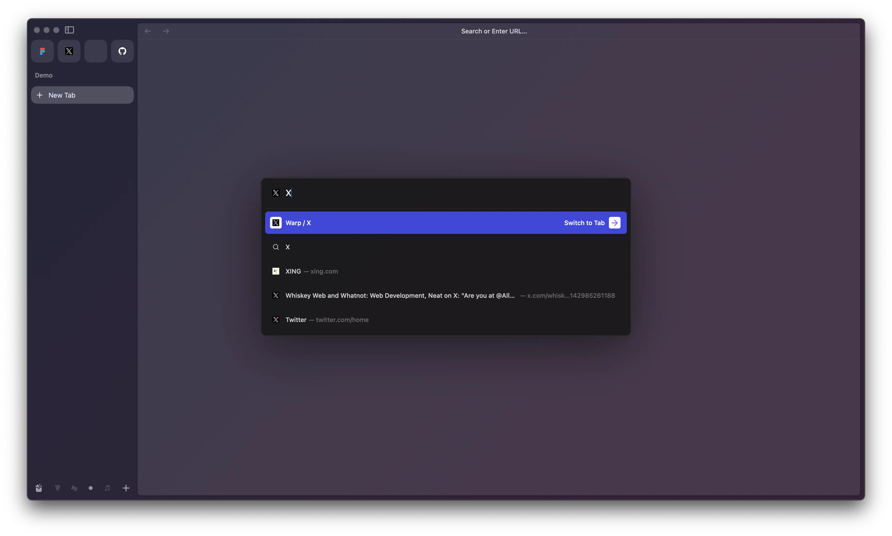 Screenshot of Arc showing the command palette.