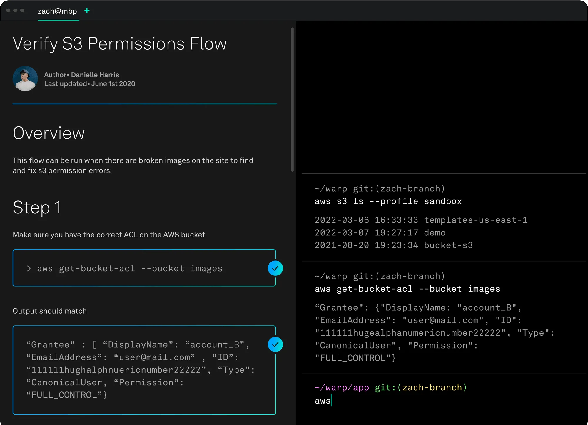 Screenshot of Warp showing inline documentation for AWS