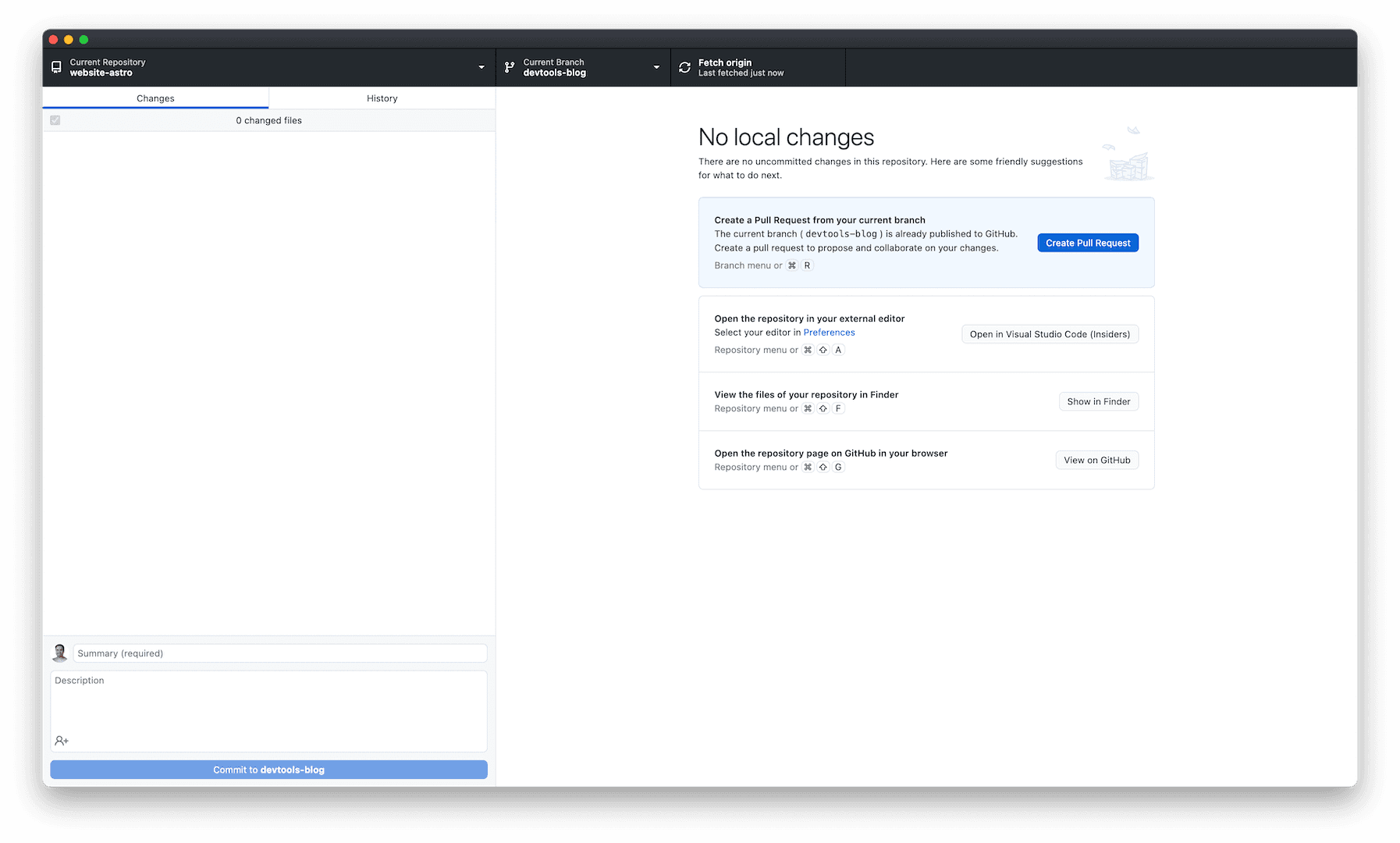 Screenshot of GitHub Desktop showing the create pull request button