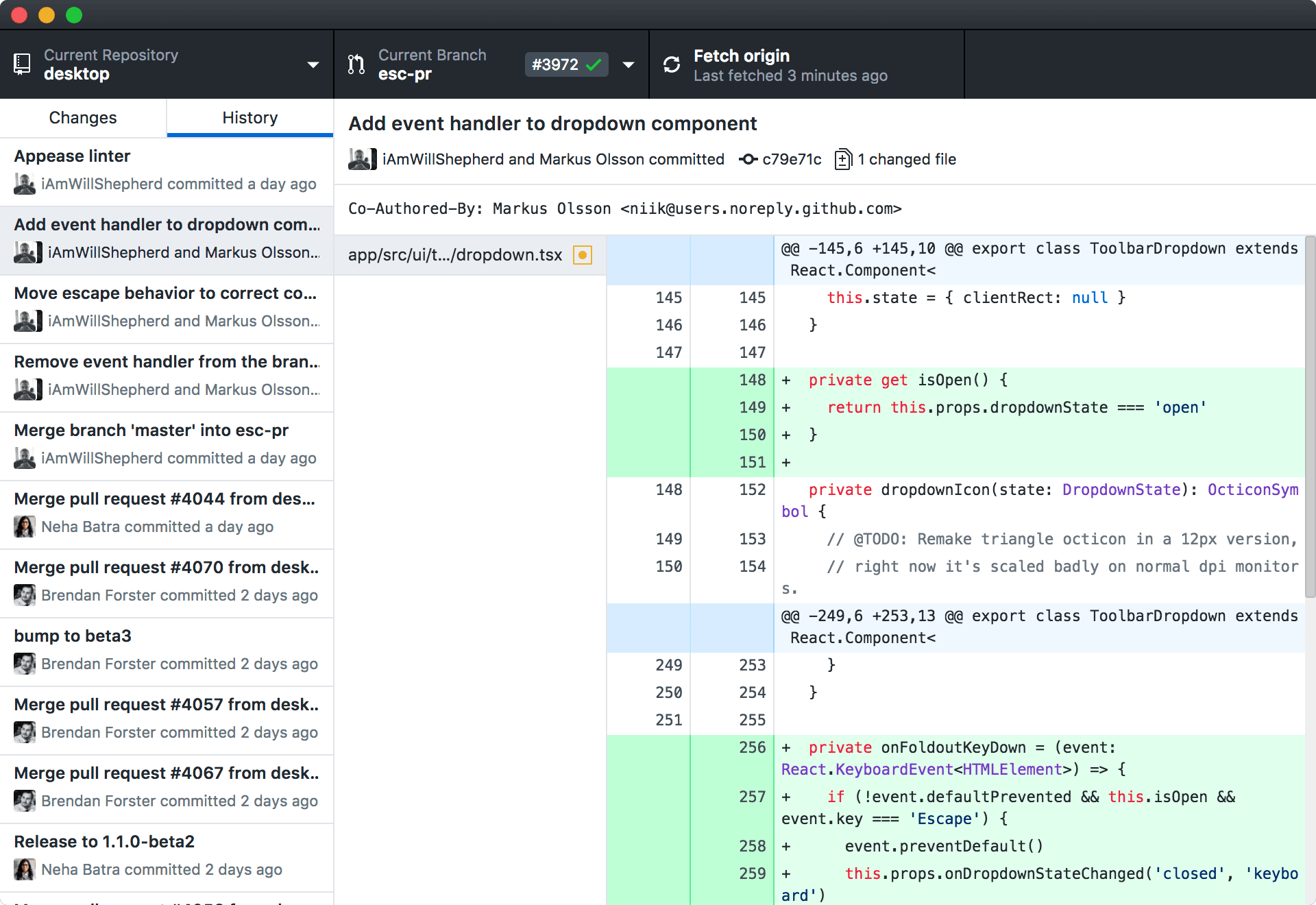 Screenshot of GitHub Desktop showing history and file changes