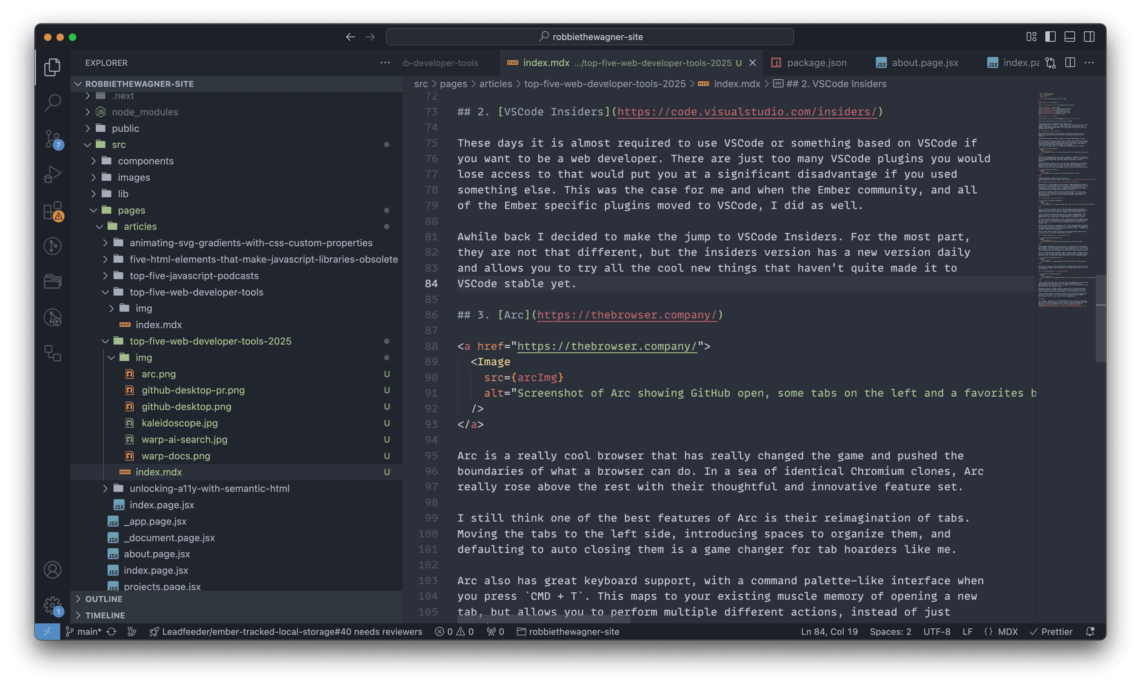 Screenshot of VSCode Insiders editing this very blog post!