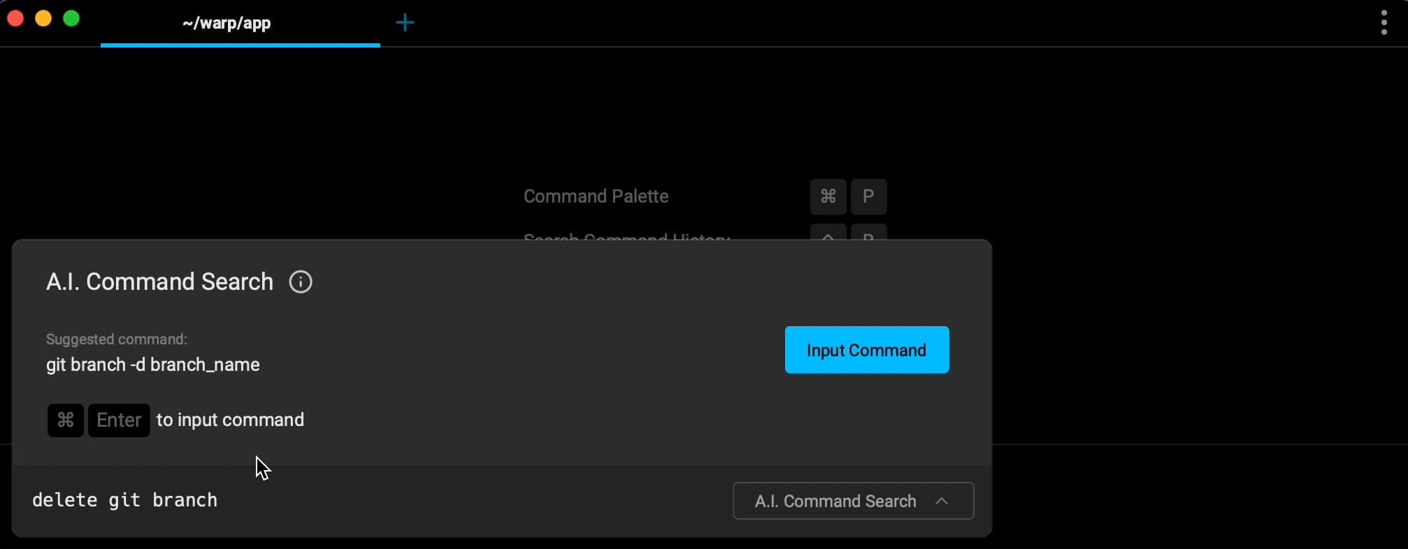 Screenshot of Warp AI search showing results for deleting a git branch