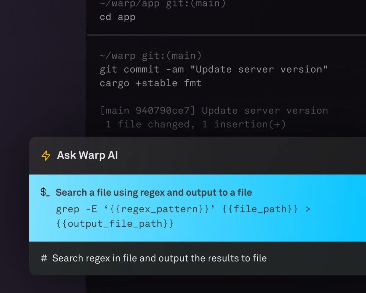 Screenshot of Warp AI explaining how to use grep to do regex based searches.