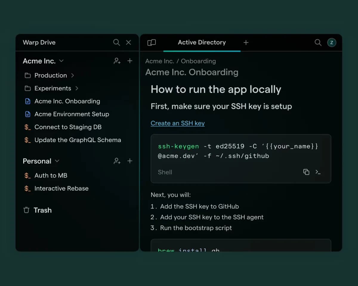 Screenshot of a Warp Drive notebook showing documentation and a list of commands.